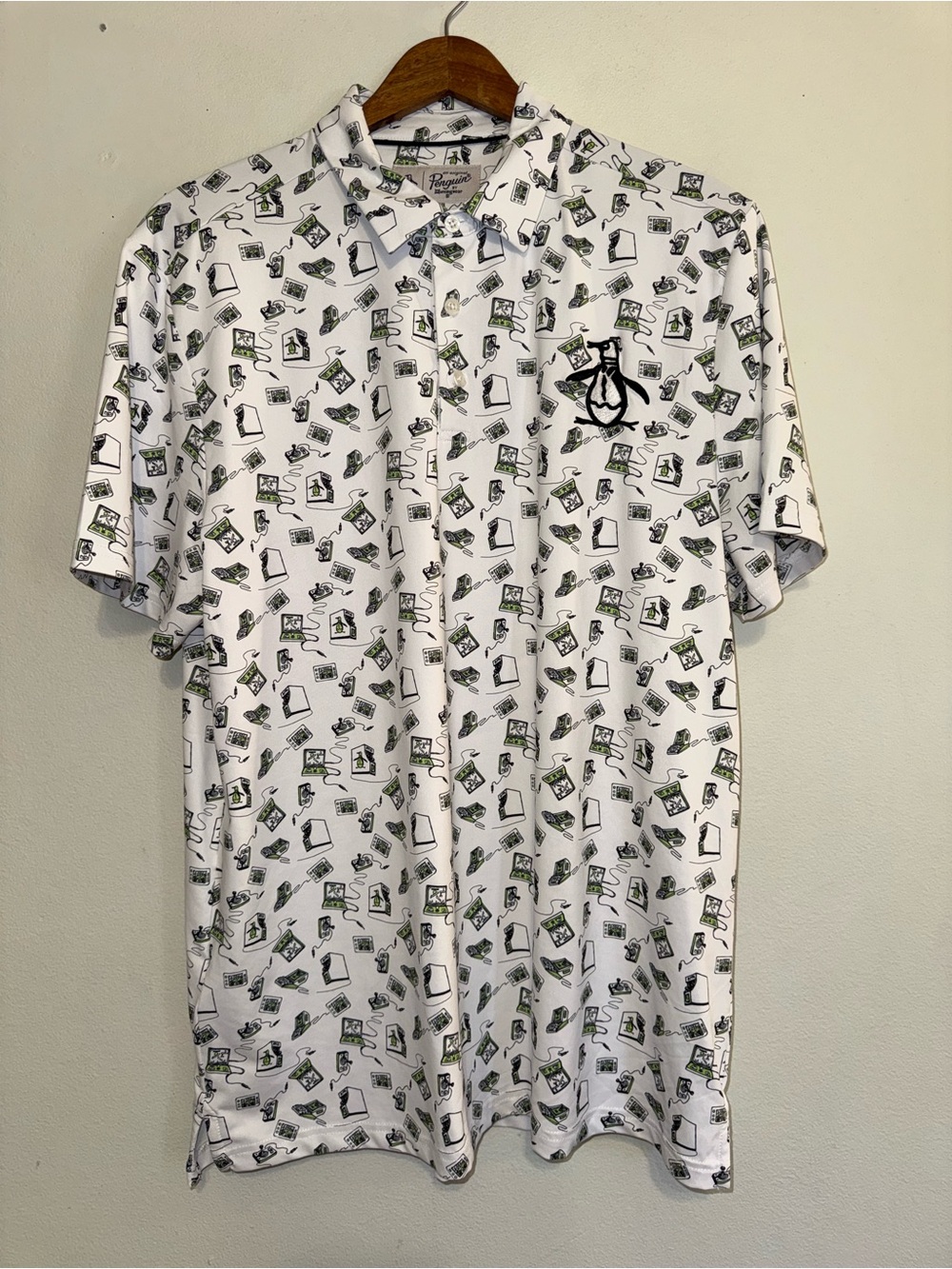 Original Penguin Retro Arcade Golf Polo Shirt Pattern Large Logo Sz Medium